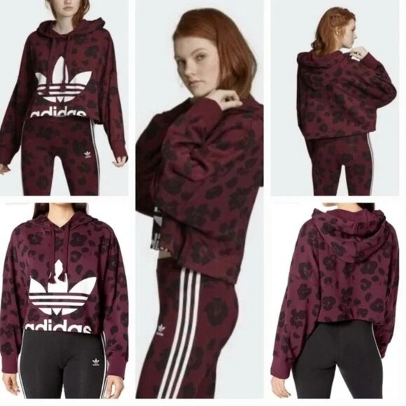 Adidas Originals Bellista Women's Cropped Burgundy Leopard Print Hoodie Small - Picture 8 of 10